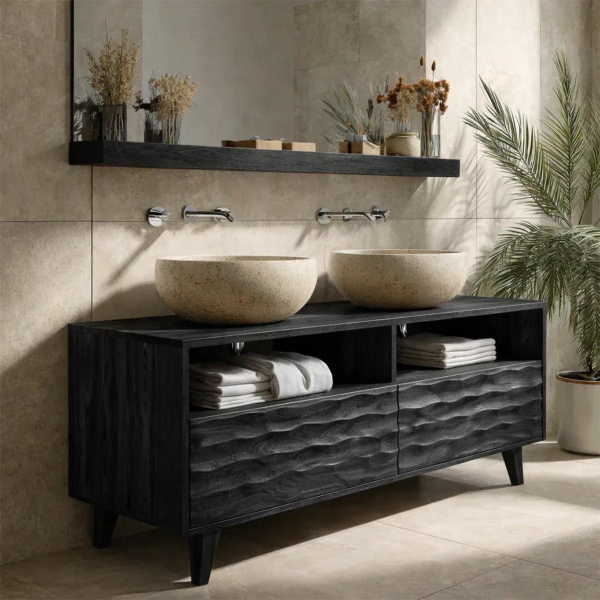 Traditional Solid Wood Bathroom Vanity – Hand Carved Natural Wood Storage Cabinet - Rustirawood