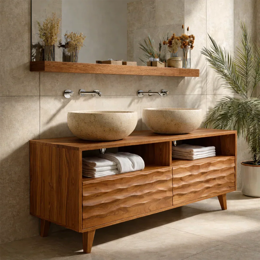 Traditional Solid Wood Bathroom Vanity – Hand Carved Natural Wood Storage Cabinet - Rustirawood