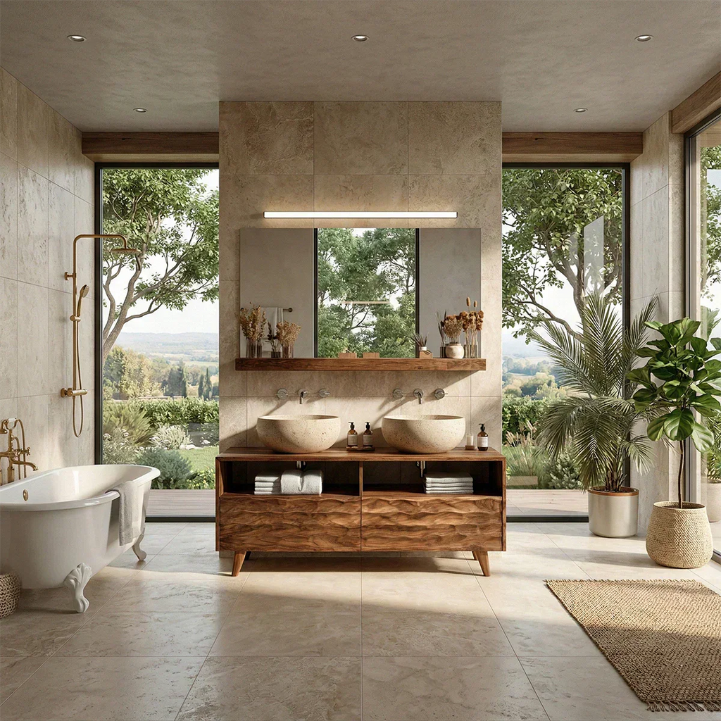 Traditional Solid Wood Bathroom Vanity – Hand Carved Natural Wood Storage Cabinet - Rustirawood