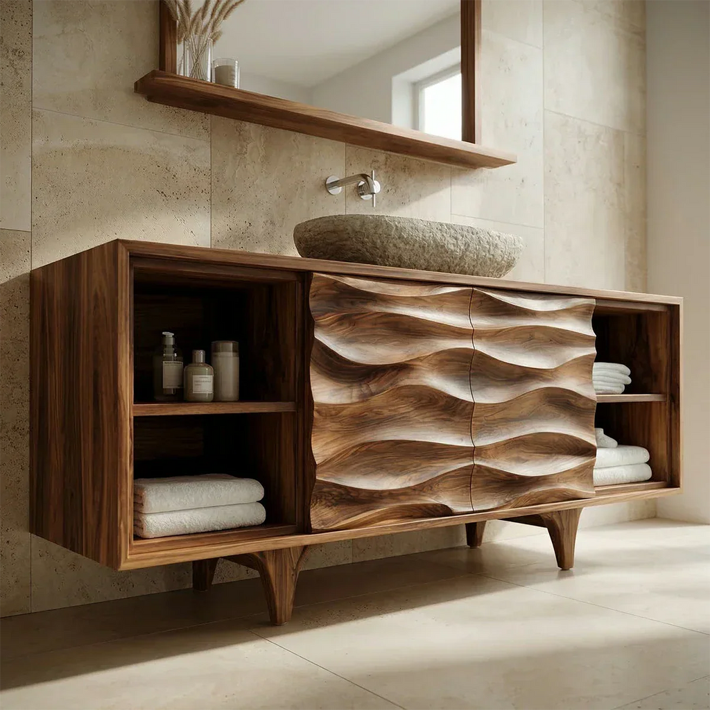 Traditional Solid Wood Bathroom Vanity – Hand Carved Natural Wood Storage Cabinet - Rustirawood