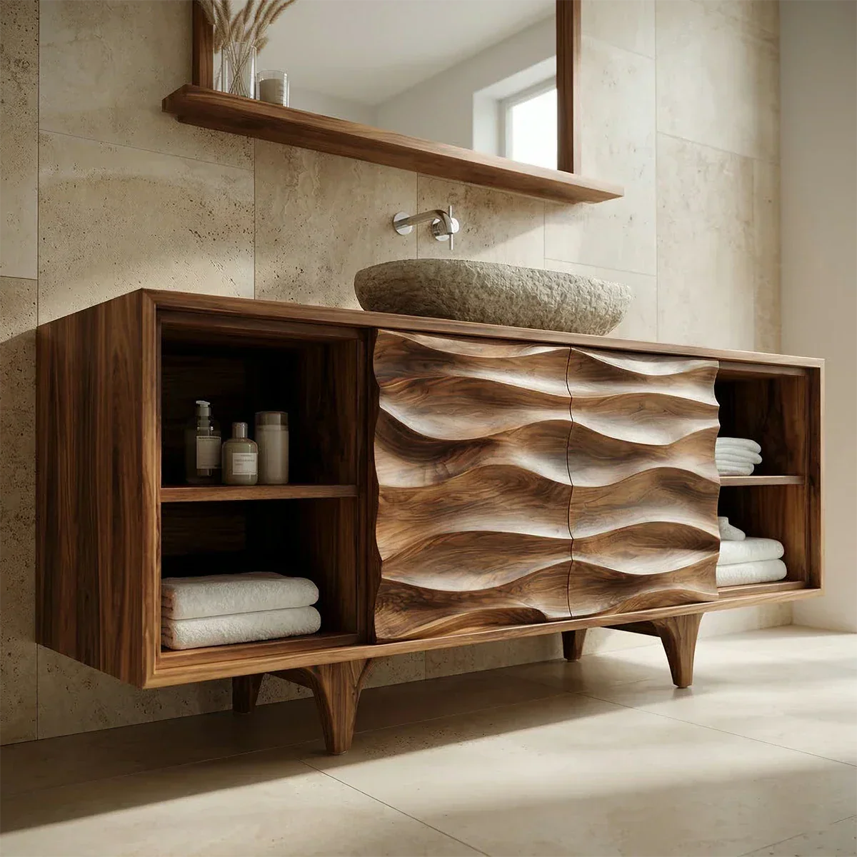 Traditional Solid Wood Bathroom Vanity – Hand Carved Natural Wood Storage Cabinet - Rustirawood
