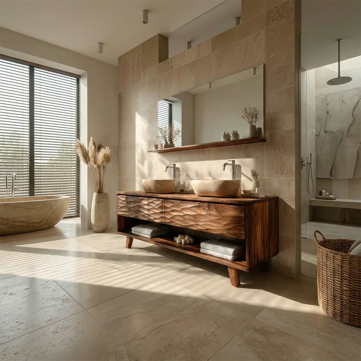 Traditional Solid Wood Bathroom Vanity – Hand Carved Natural Wood Vanity Cabinet - Rustirawood