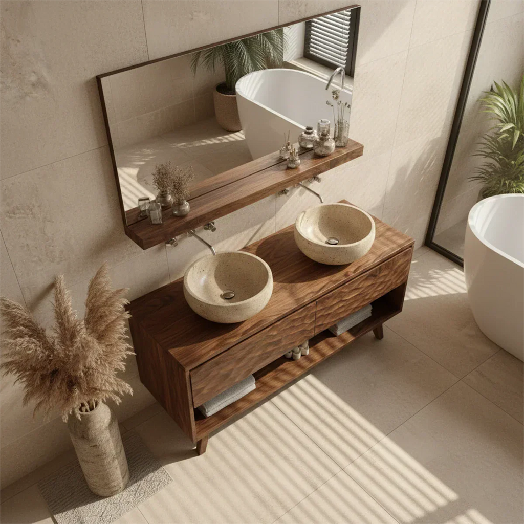 Traditional Solid Wood Bathroom Vanity – Hand Carved Natural Wood Vanity Cabinet - Rustirawood
