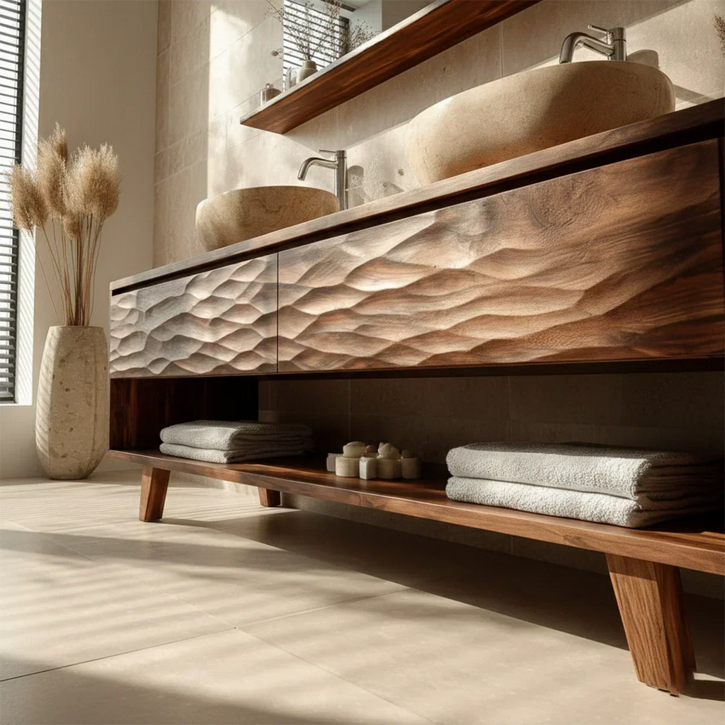 Traditional Solid Wood Bathroom Vanity – Hand Carved Natural Wood Vanity Cabinet - Rustirawood