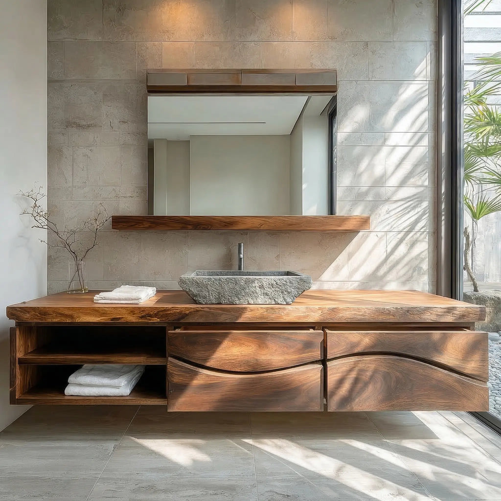 Traditional Solid Wood Bathroom Vanity – Handcrafted Natural Wood Storage Cabinet - Rustirawood