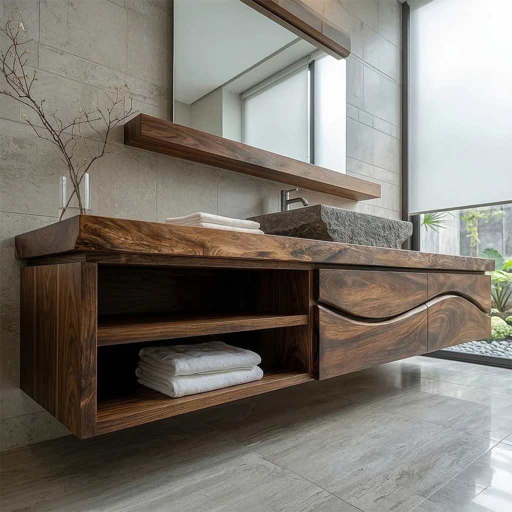 Traditional Solid Wood Bathroom Vanity – Handcrafted Natural Wood Storage Cabinet - Rustirawood