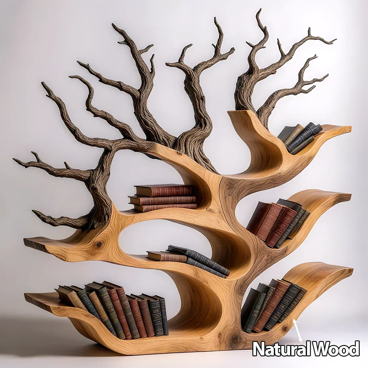 Tree-Shaped Natural Solid Wood Bookshelf – Sculptural Design - Rustirawood