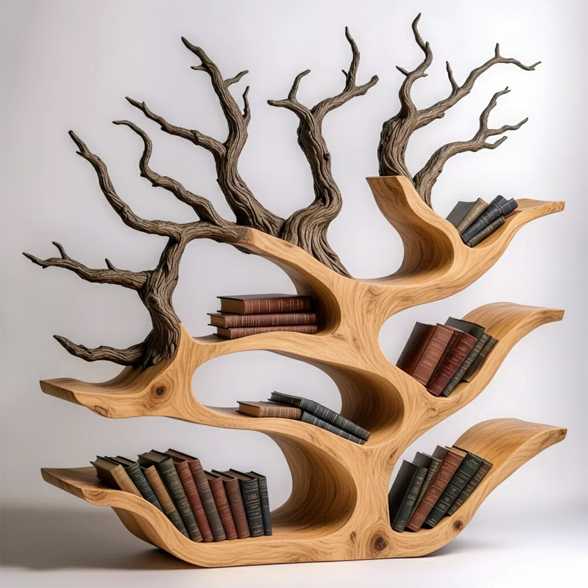 Tree-Shaped Natural Solid Wood Bookshelf – Sculptural Design - Rustirawood