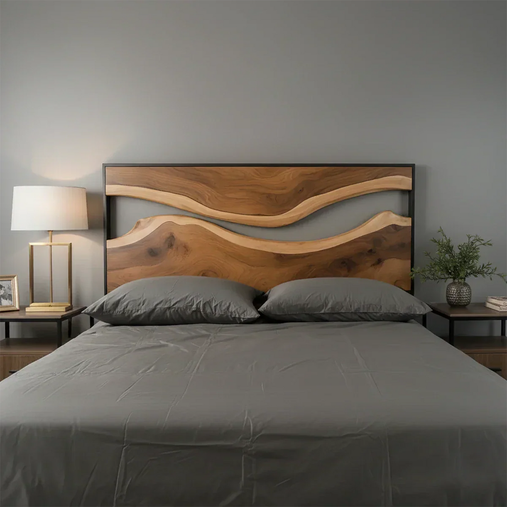 Wave Contour Solid Wood Headboard – Modern Flow Design - Rustirawood