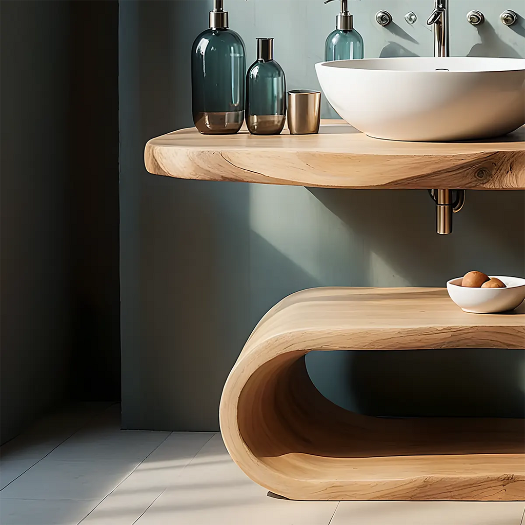 WaveArc Vanity – Solid Wood Bathroom with Zen Curves - Rustirawood