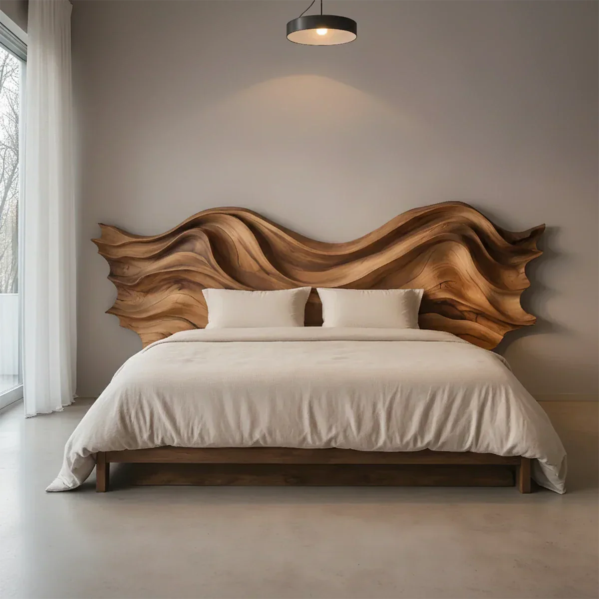 Waveflow Solid Wood Headboard – Sculptural Bedroom Art - Rustirawood